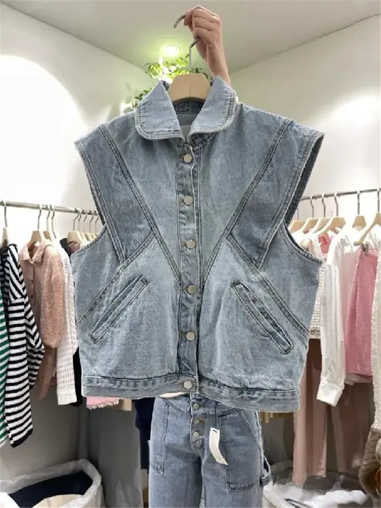 Women Denim Vest Chic Lapel Casual Button Sleeveless Jean Coat Female Solid Color Temperament Tank Top Vintage Fashion Waistcoat