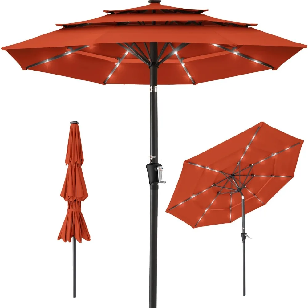 10ft 3-Tier Solar Patio Umbrella, Outdoor Market Sun Shade for Backyard, Deck, Poolside w/ 24 LED Lights, Tilt Adjustment