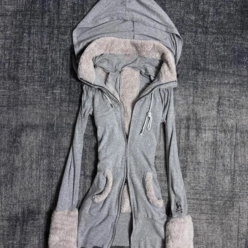 Autumn Winter New Gray Hooded Sweatshirt Women's Jackets  Original Design Lamb Wool Splicing Sweet Cool Creative Top Coat Ladies