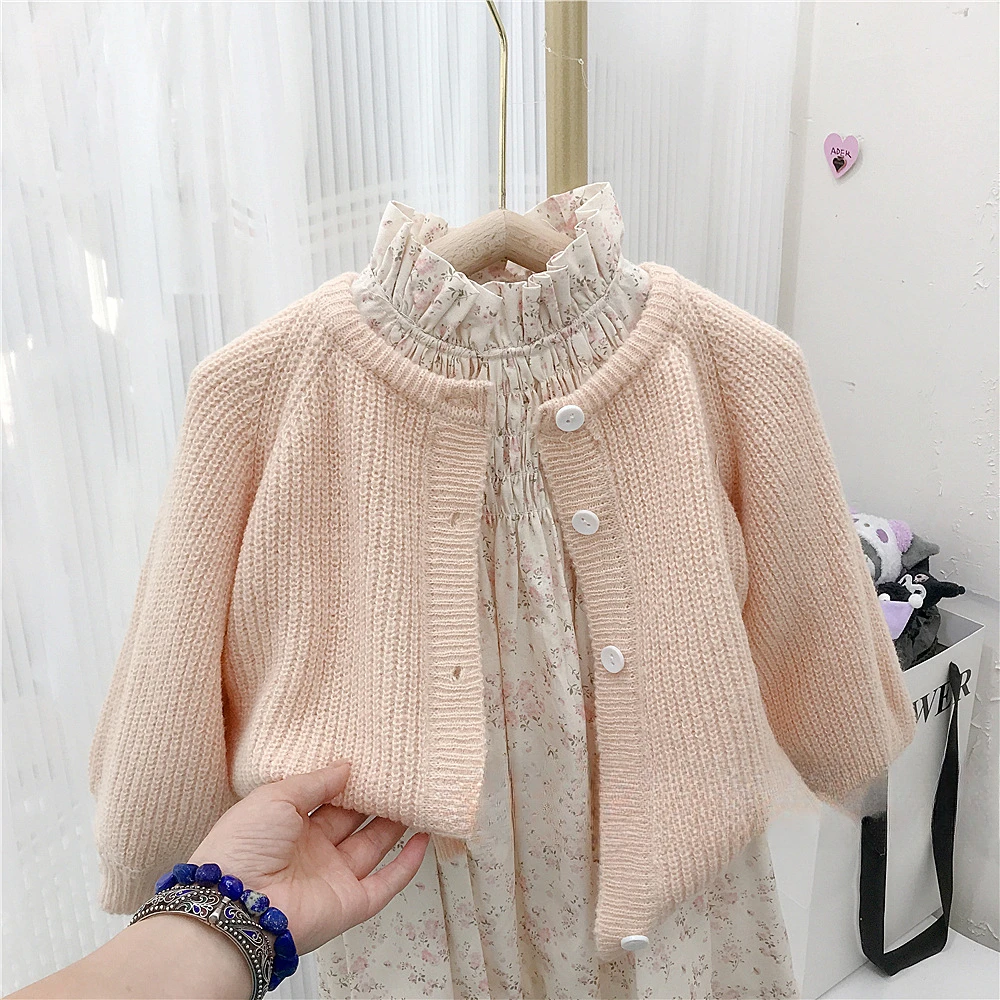 

Korean Spring Autumn Children Girl 2PCS Clothes Set Solid Puff Sleeve Cardigan Sweater Turtleneck Printed Dress Baby Girl Outfit