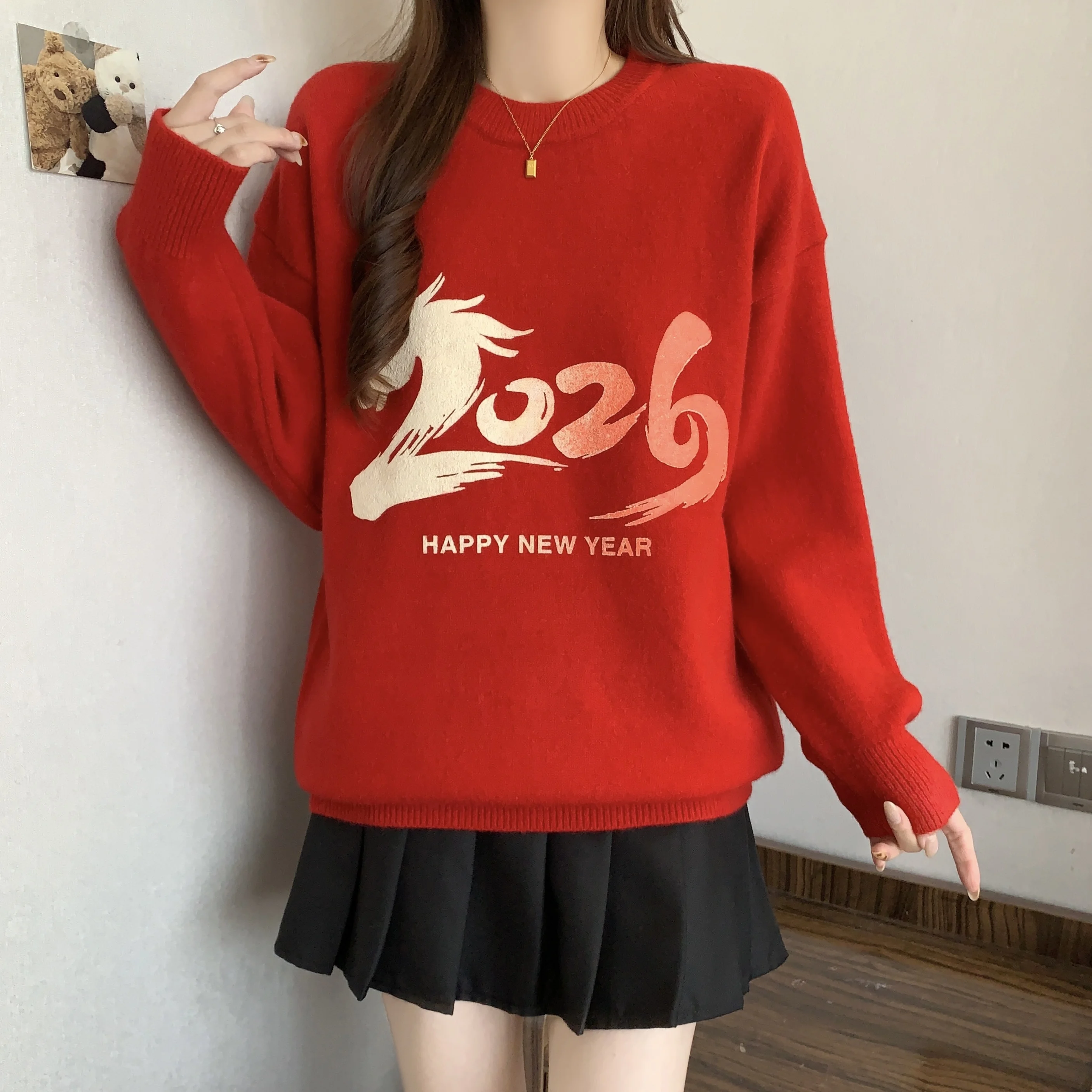 

2026 Spring Autumn New Red Elegant Sweater O-Neck Long Sleeve Lazy Style Loose Pullover Sweet Beautiful Versatile Tops