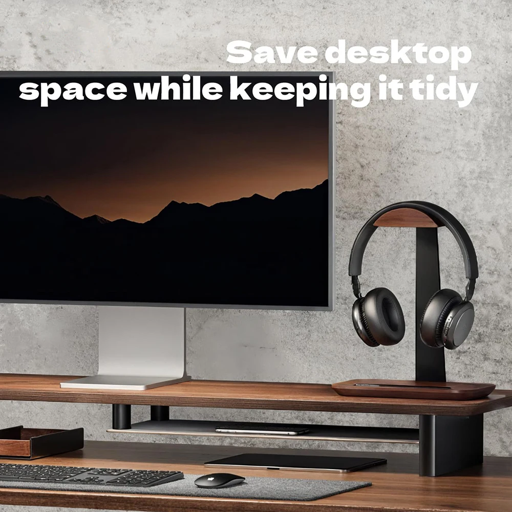 Desktop Storage Holder Aluminum Alloy Wooden Headset Stand Earphone Display Rack Built‑In Pen Slot For Desk Organizing