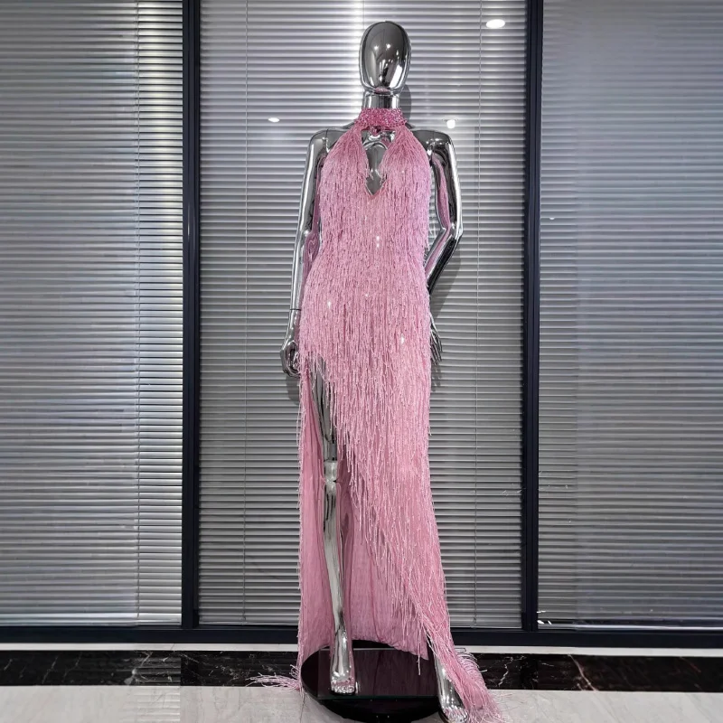 New Arrival Ladies Sexy Low-cut High Split Sleeveless Tassel Dress European and American fashion Party Dinner Dress