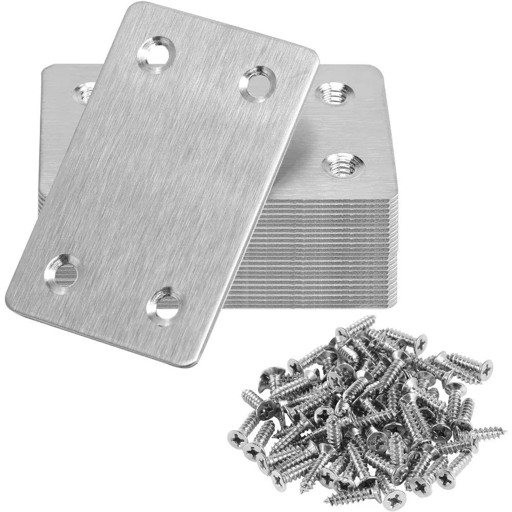Stainless Steel Flat Straight Brace Bracket & Angle Code Fixing Bracket, Silver Mending Plate Corner Brace for Wood Furniture