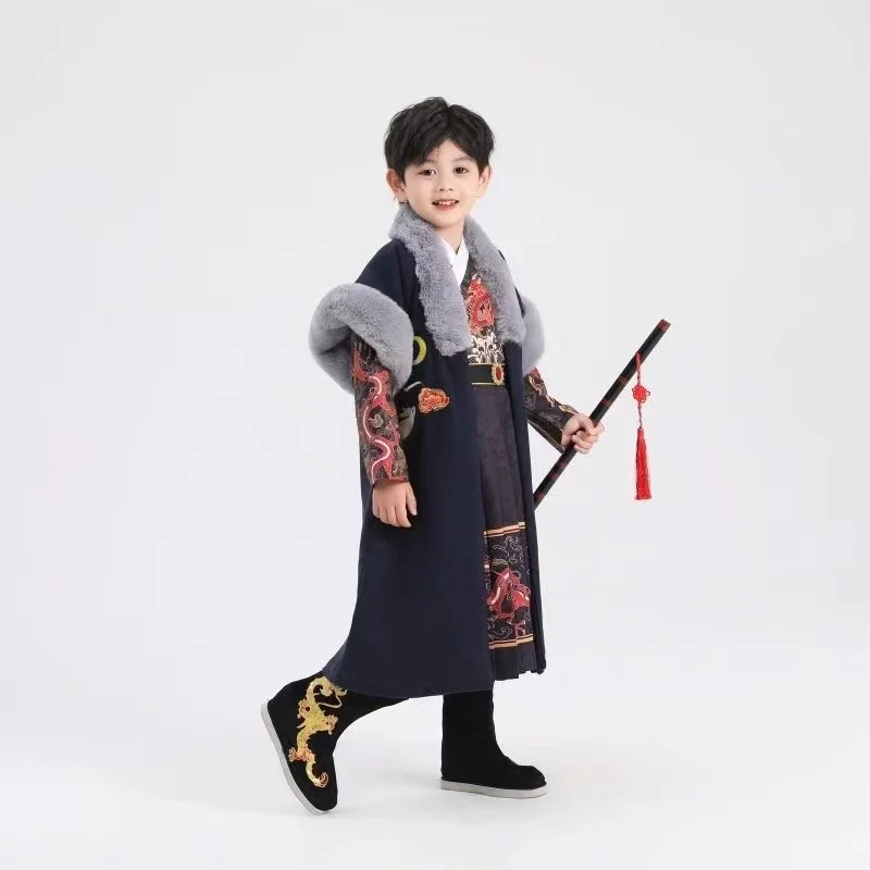 Robe d'Hiver Hanfu Traditionnelle Alberoise pour Garçons, Vêtement Épais, Prairie, pour Enfants, Everak, Grand Col en Fourrure, Tenues pour Enfants