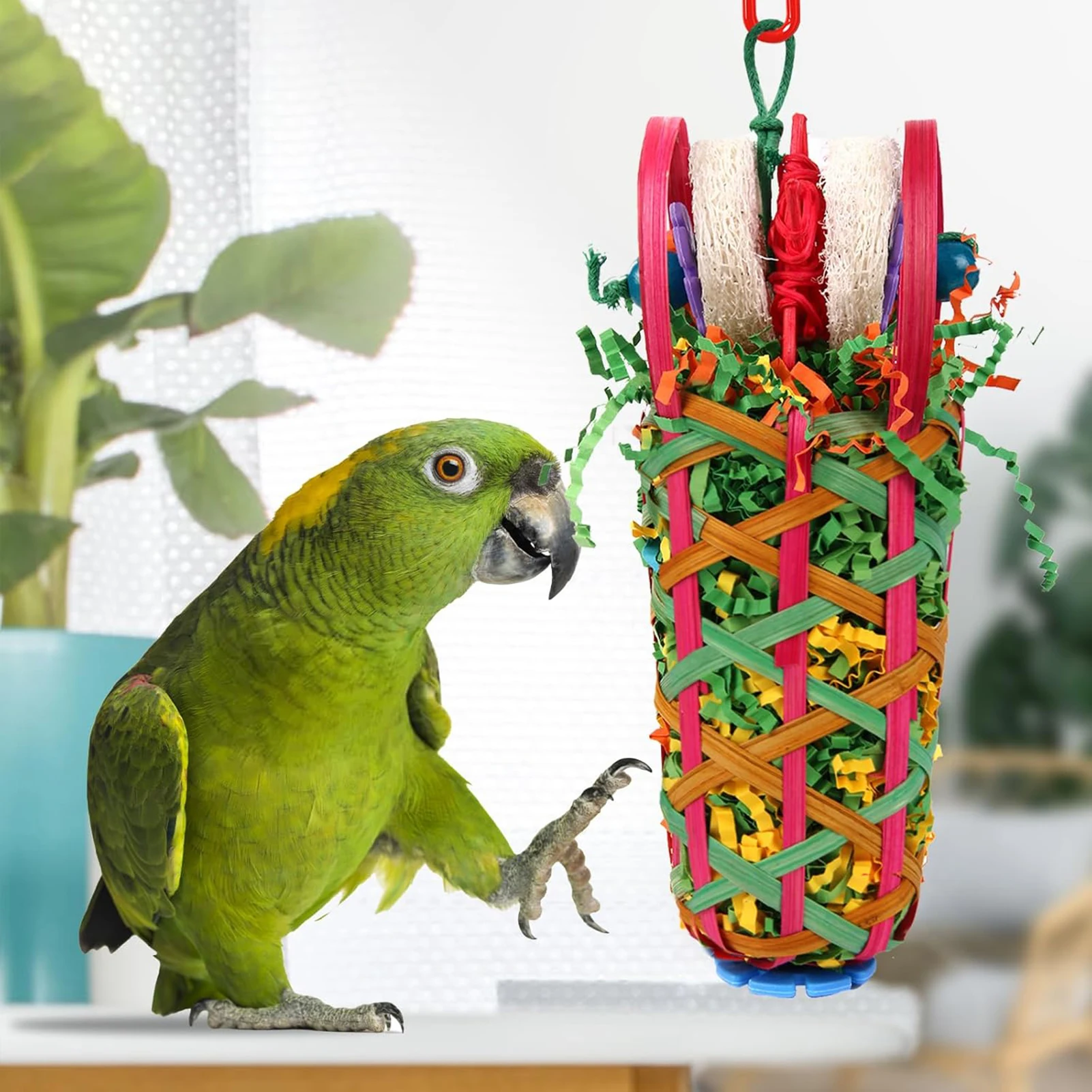 Juguetes masticables colgantes para loros, rodajas de lufa, juguetes interactivos para pájaros colgantes para loros pequeños y medianos