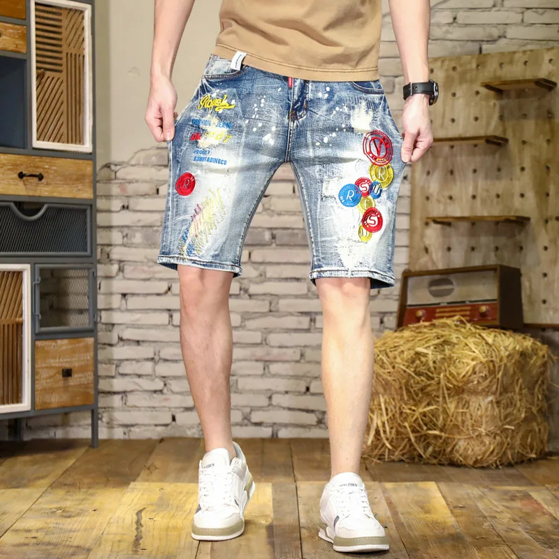 High-End Embroidery Scratch Patch Denim Shorts Men's Summer Slim Fit Stretch Personality Printed Casual Retro Shorts