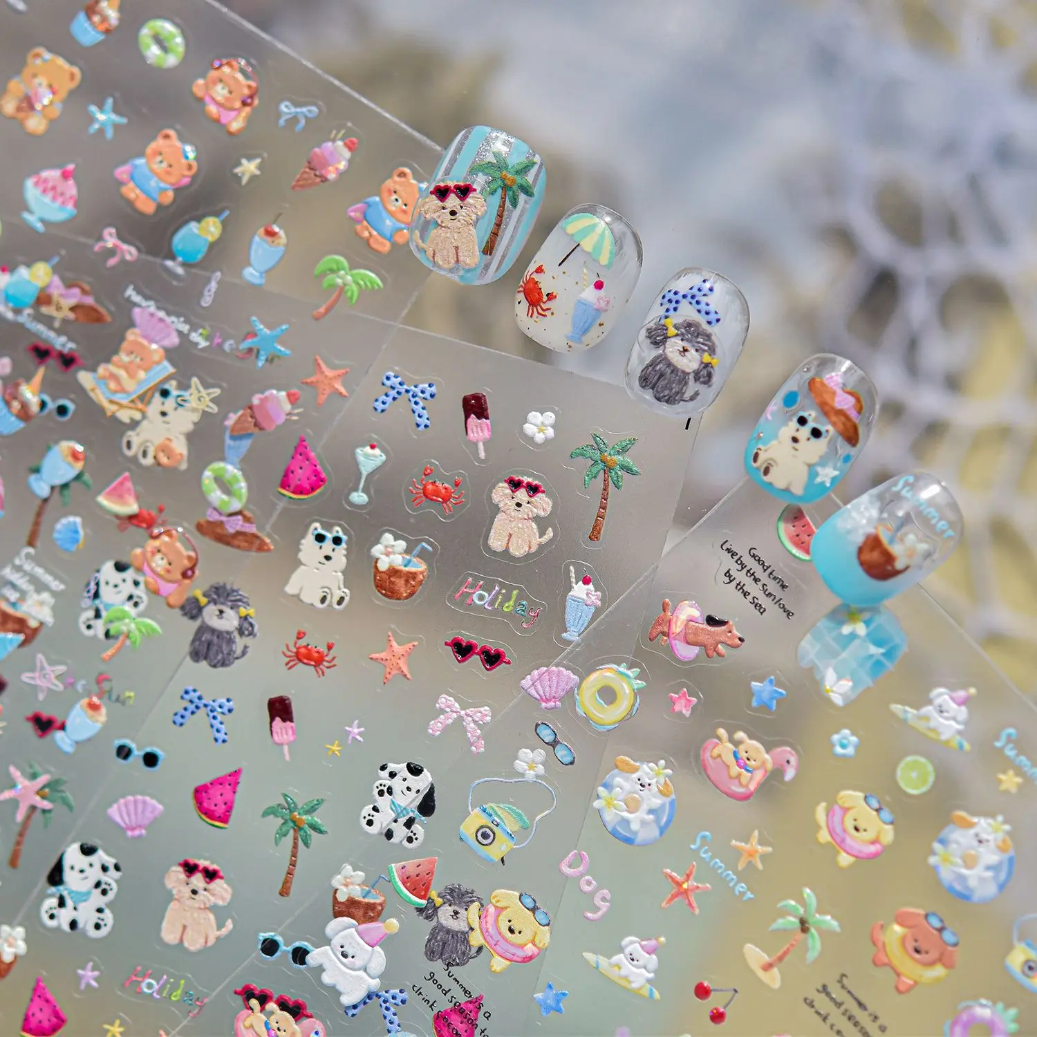 Cartoon 5D Nail Stickers Bear Ice Cream Starfish Fruit Pattern Summer Beach Nail Art Stickers for Manicure Decoration DIY Decals