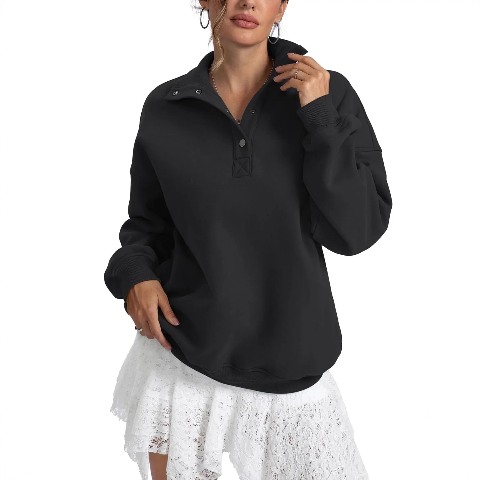 

Loose Casual Pullover Women's Clothing Fleece Sweatshirt Women's Fashion Solid Color Long Sleeve Button-Down Street Sweatshirts