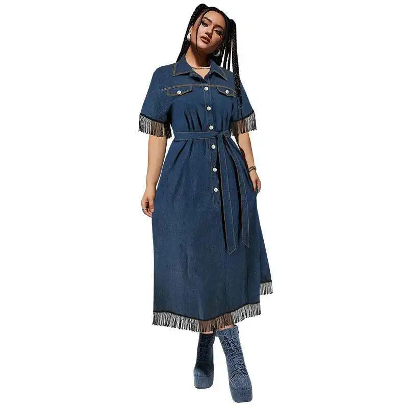 218383   Plus rozmiar damska z krótkim rękawem i frędzlami zapinana na guziki sukienka z paskiem w talii seksowna sukienka 2025 Party lato Elegantes Casual Y2k