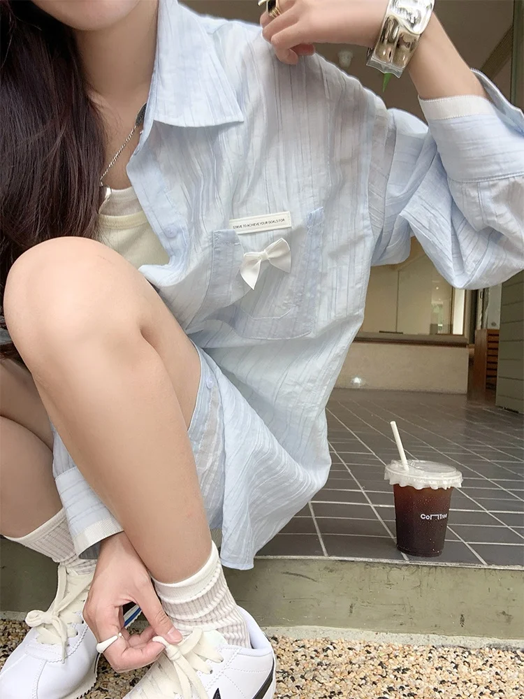 

Zeng Xiao Salt Summer Bubble Water Blue Thin Long Sve Ladies Sun Protection irt Design Sense Thin Top Korean Sle Commute
