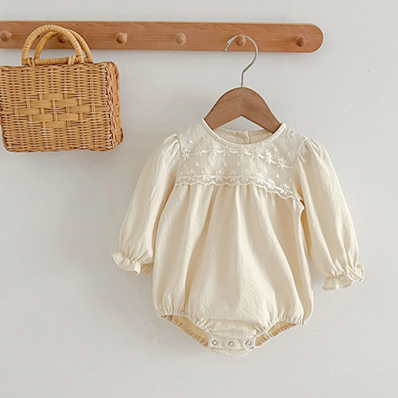 Summer Infant Baby Girls Jumpsuit Lace Collar Baby Girls Rompers Linen Cotton Long Sleeve Spring Baby Girls One-piece Clothes