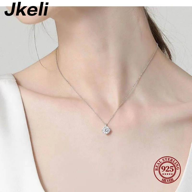 Jkeli  925 Sterling Silver Simple Round Shiny CZ Choker AAA Zircon Pendant 14K Necklace For Women Gift Engagement Fine Jewelry