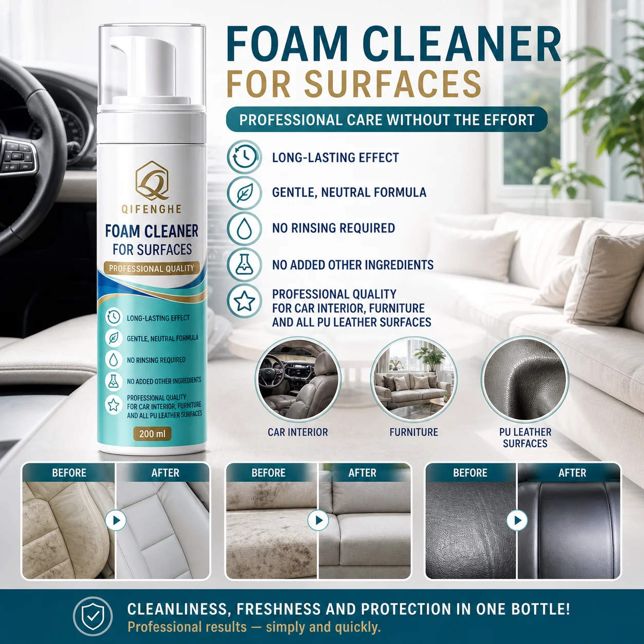QIFENGHE 200ml Multipurpose Foam Cleaner, No Rinse Car Interior Cleaning Spray, Mild Neutral Formula for PU Leather Sofa Furnitu