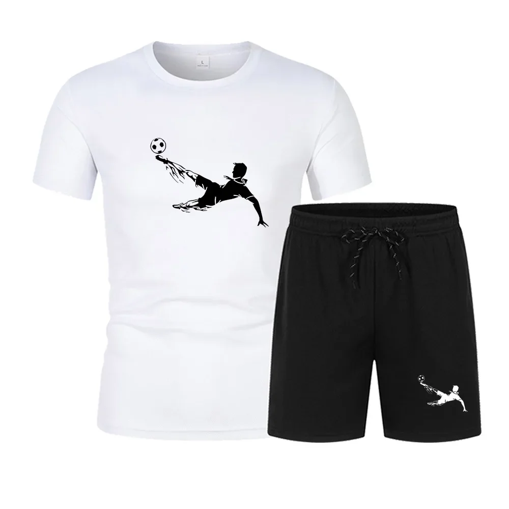 

Play football Summer men printed round neck short-sleeved T-shirt fivepoint shorts two-piece fitness sports fashion leisure suit