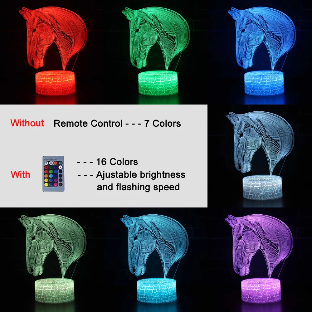 Luces de noche de ilusión 3D de estilo de caballo, lámpara de mesa USB con Control remoto táctil cambiante de 7 colores para decoración de la