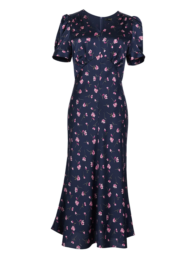 Roey S House صيف 2023 طباعة الأزهار سليم صالح الحرير الساتان ذيل دكتور المرأة تخفيف Ele ort Sve V Ne Dr