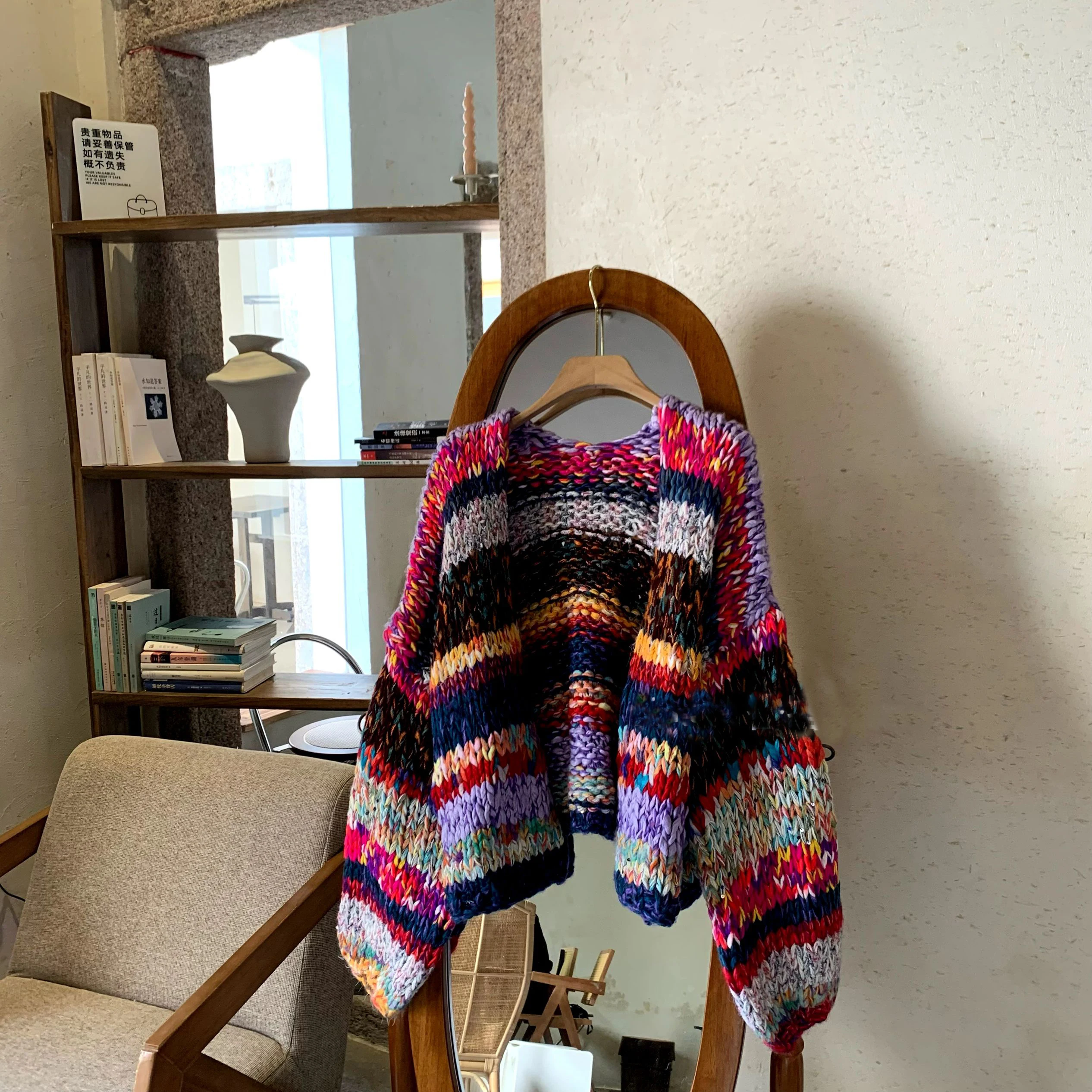 Multi-color Handmade Chunky Knit Cardigan Colorful Oversized Sweater Outfit Boho Chic Cottagecore Knitwear Dressing Fashion