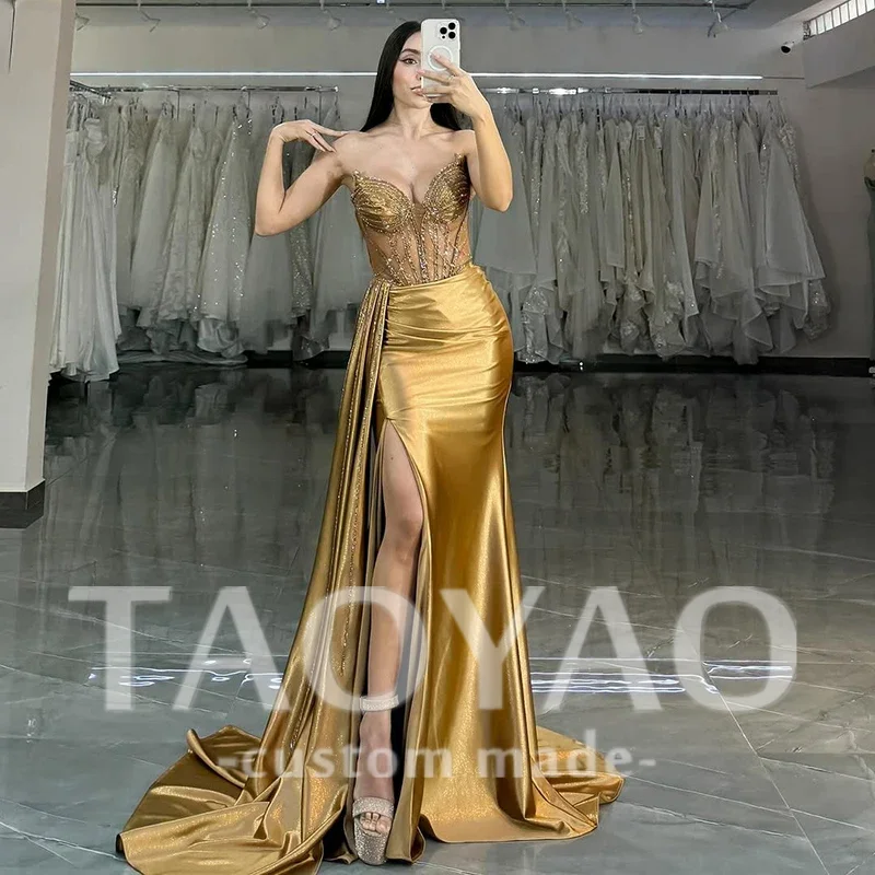 Formal Satin Mermaid Prom Evening Dresses Sweetheart Beading Split Off Shoulder Party Dress Women Cocktail Prom Gowns Customized