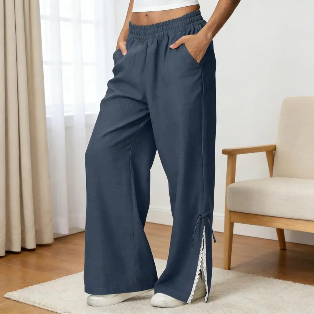 Women Linen Pants Women’s Elastic Mid-rise Pants with Pockets Loose Fit Wide Leg Trousers Summer Beachwear Long Pants