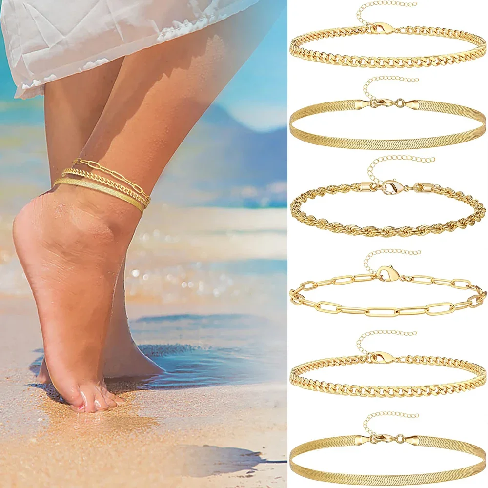 3Pcs Stainless Steel Beach Anklet Set For Women Waterproof Snake Twisted Rope Chain On Foot Jewelry Girls Summer Ankle Bracelet