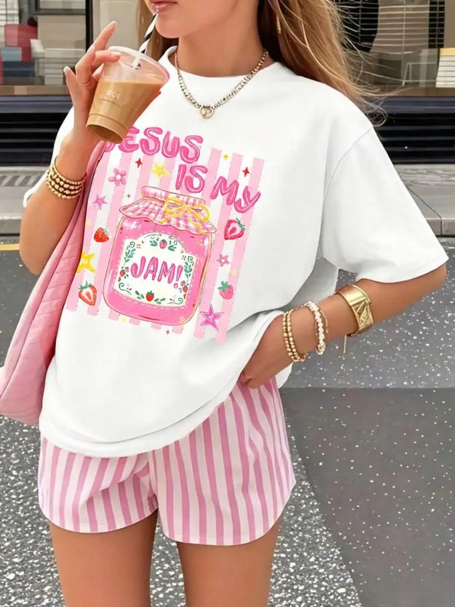 Y2K Coquette 100% Cotton Oversized Tee, Jesus Is My Jam Strawberry Jar Pink Stripe Print T-Shirt, Women Crew Neck Summer Casual