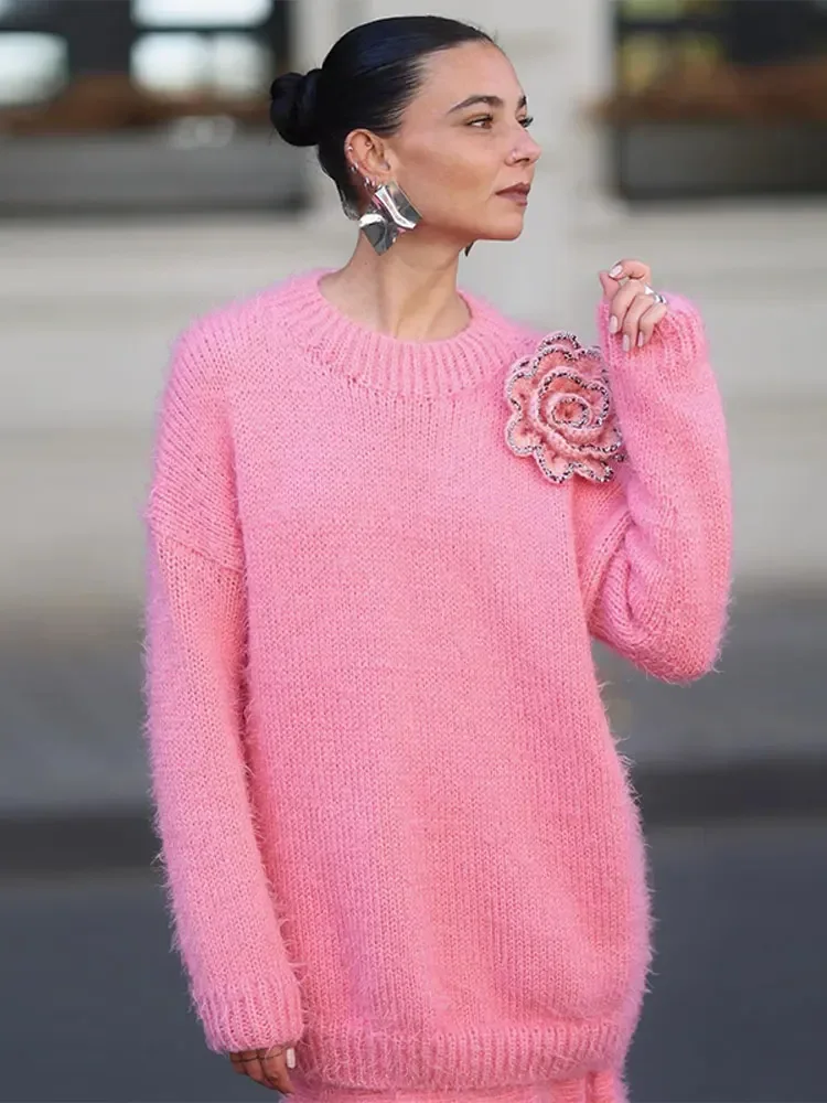 Pink O-neck Loose Mohair Sweater Long Skirt Set Full Sleeve 3d Flower Pullover Mermaid Skirt Suits 2024 Fashion Street Outfits