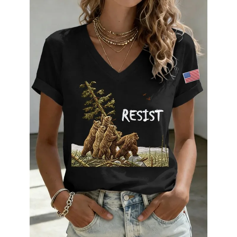 ilstile Women's Resist Only You Can Prevent Forest Fires Print T-Shirts Short Sleeve  V Neck Summer Tops Casual Tees New Arrival