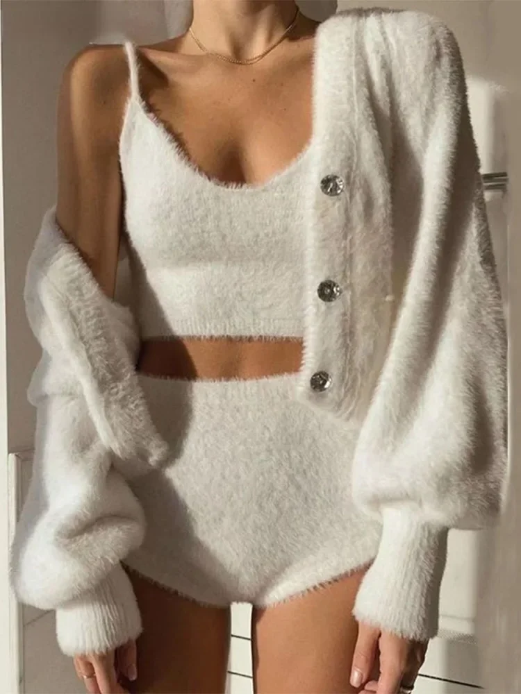 

2023 Vintage Set Shaggy Korea Style White Cardigan Furry Single-breasted Button Tank Top Knitted Sweater Jumper 1 Set