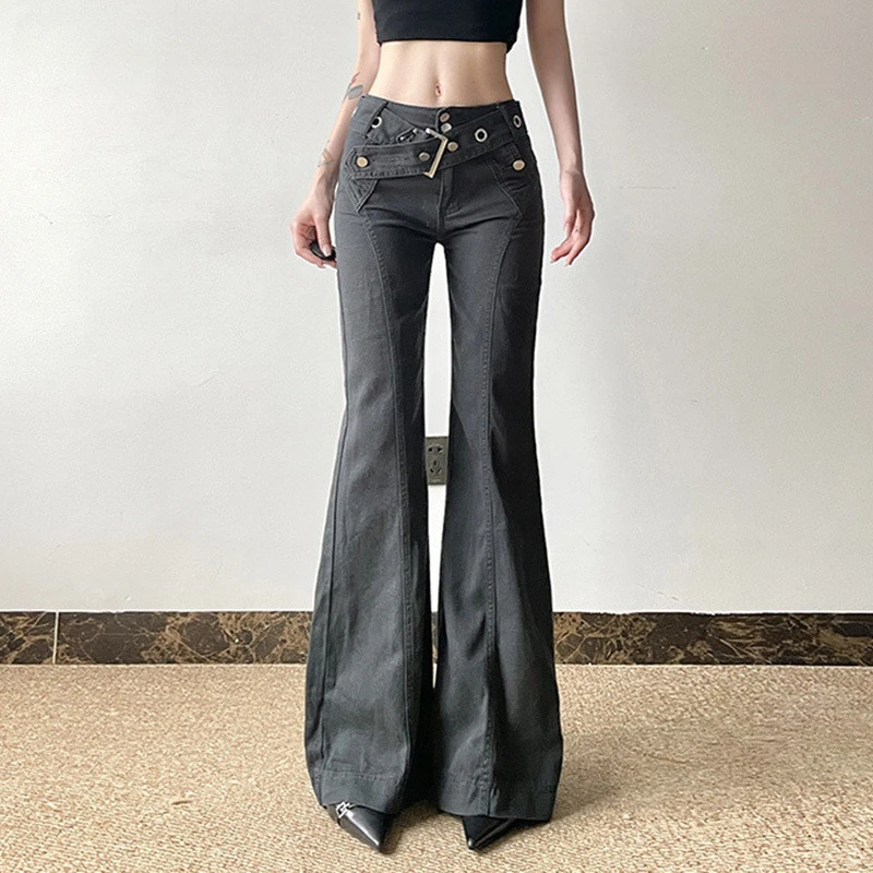 Grunge Cyber Y2K Zip Full Length Denim Trousers 90s Vintage Women Belt Low Waist Flare Pants Streetwear Slim Jeans Alt