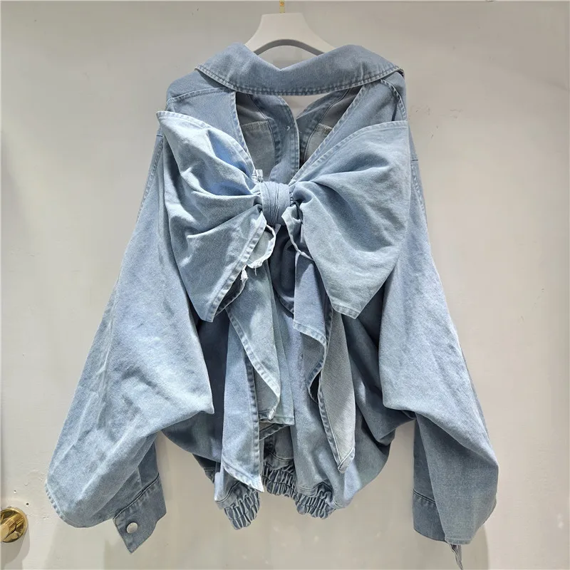 

Autumn New Women Fashion Back Hollow Bow Decoration Light Blue Short Denim Jacket Casual Lapel Batwing Sleeve Jeans Jacket Coat