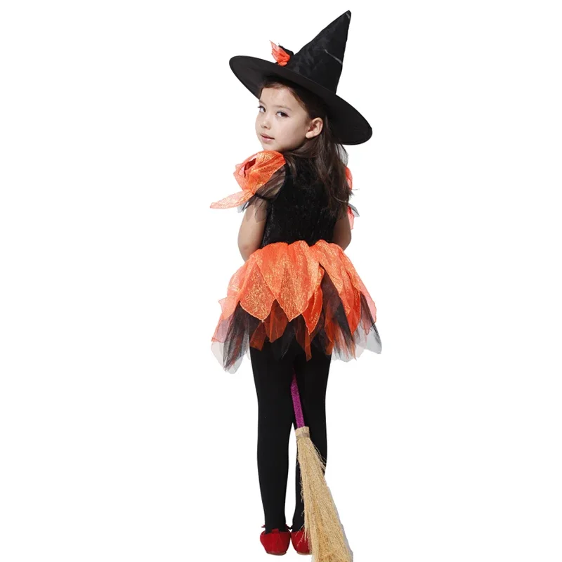 Mn1 meninas halloween abóbora cosplay trajes de bruxa vestido com headwear truque ou tratamento festa vestir-se crianças roupas extravagantes 8/yg