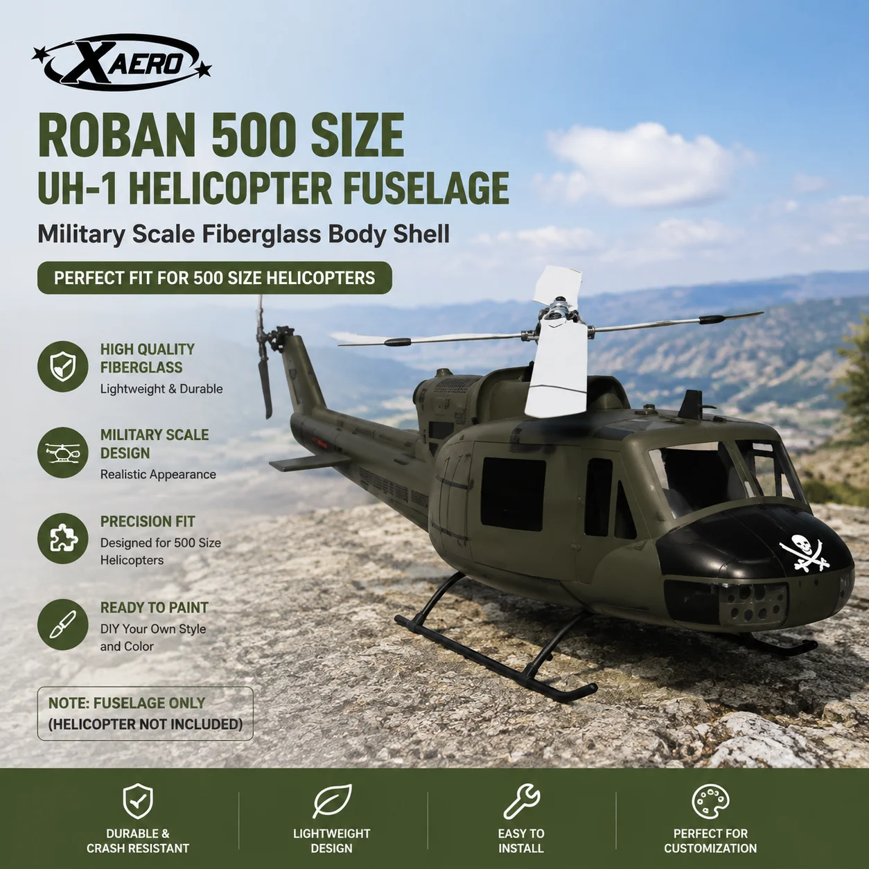 Carcasa de Fibra de Vidrio para Helicóptero Militar UH-1 Tamaño 500, Marca ROBAN