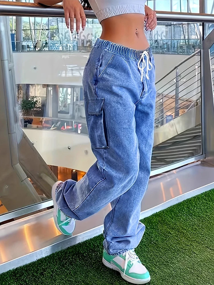 

Осень 2024, женские джинсы с карманами, свободные синие джинсовые брюки с высокой талией и широкими штанинами, модные женские брюки на шнурке