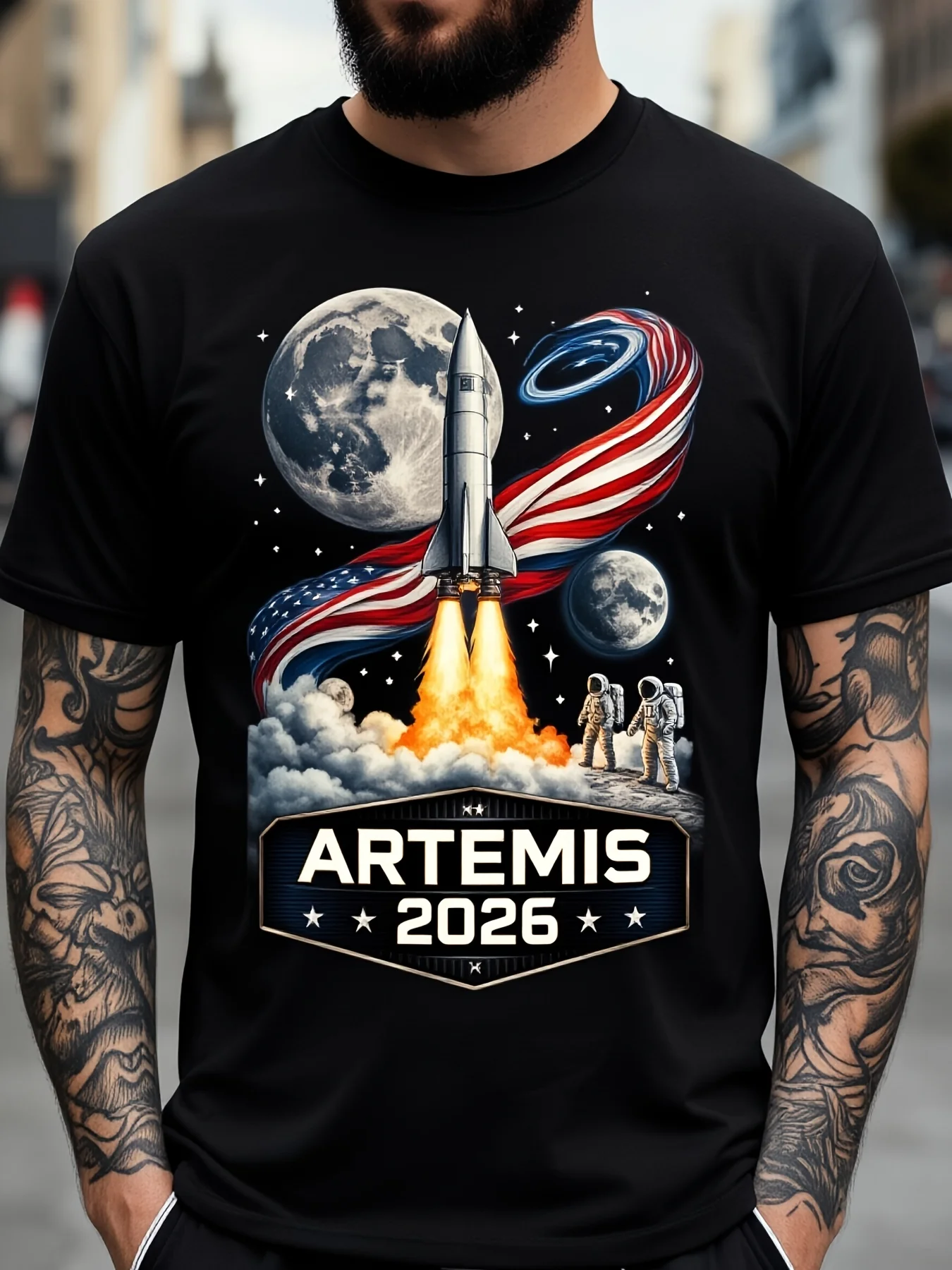 Artemis 2 Ii 2026 Rocket Launch T-Shirt, Gift for Space Enthusiasts, Mission Graphic T-Shirt, 2Retro Casual Short-Sleeve T-Shirt, Round Neck, Printed Design, Suitable for Daily Commuting and Outdoor Activities, Machine Washable