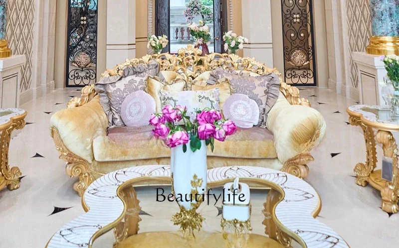 European sofa living room solid wood carving flower villa luxury French retro old sofa