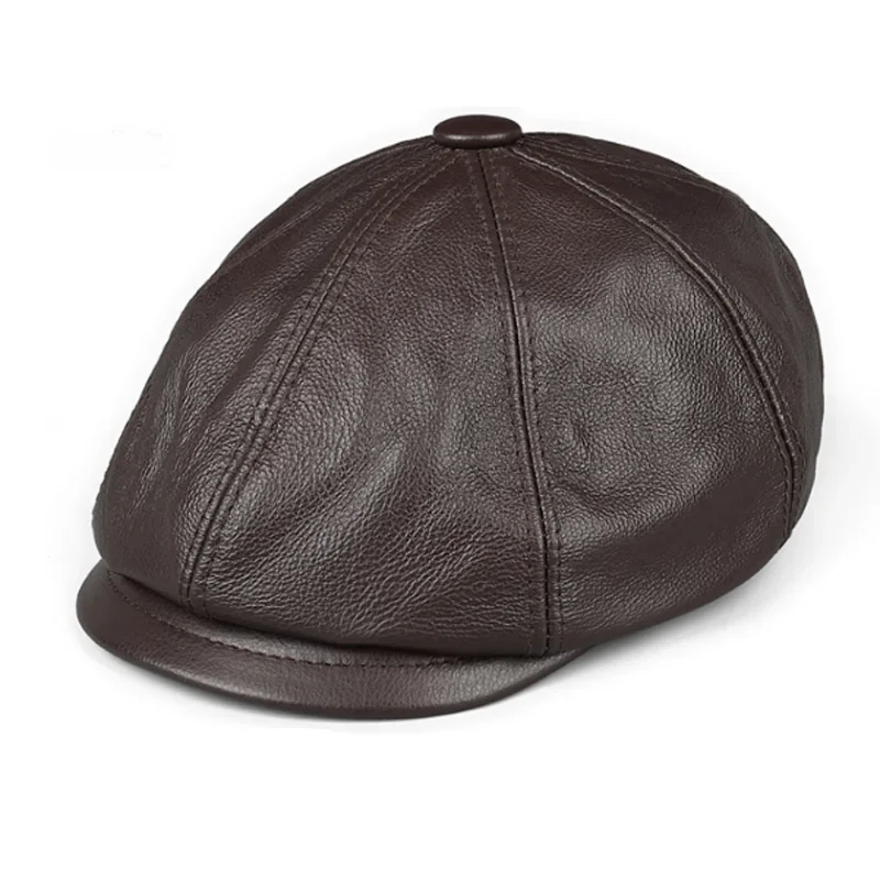 

Retro Octagonal Genuine Leather Hat Autumn Men's Cowhide Leather Beret Elegant Fashion Tongue Cap Snapback Caps For Men Brown