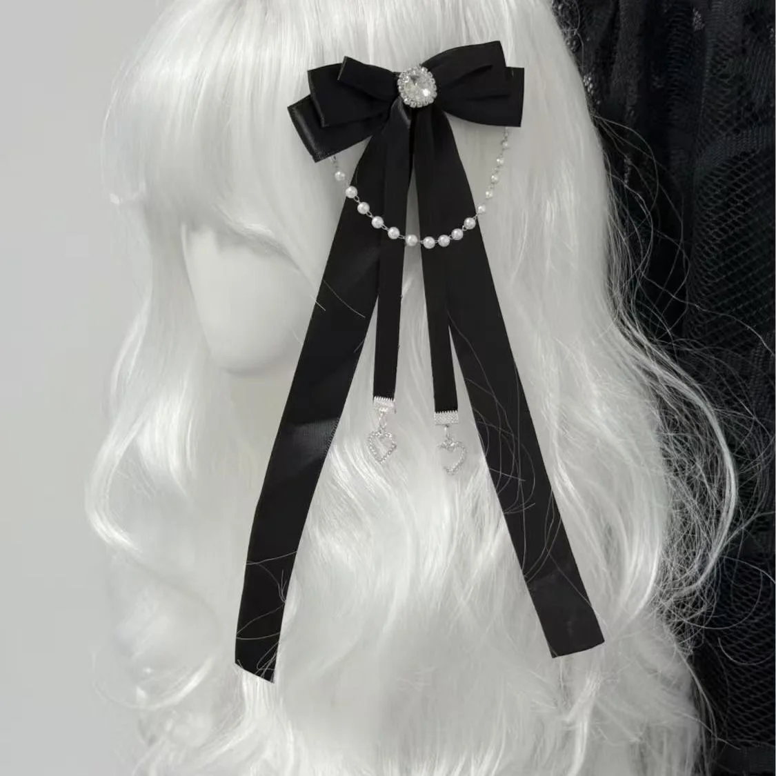 Pinces à cheveux Style japonais JK, ruban à nœud noir élégant, fausse chaîne de perles, Double queue de cheval tressée, accessoires pour cheveux