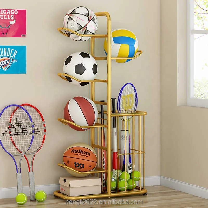 Rack de armazenamento de basquete, bola de brinquedo infantil doméstica, cesta de armazenamento de piso multicamadas, raquete de badminton de tênis de mesa, armazenamento