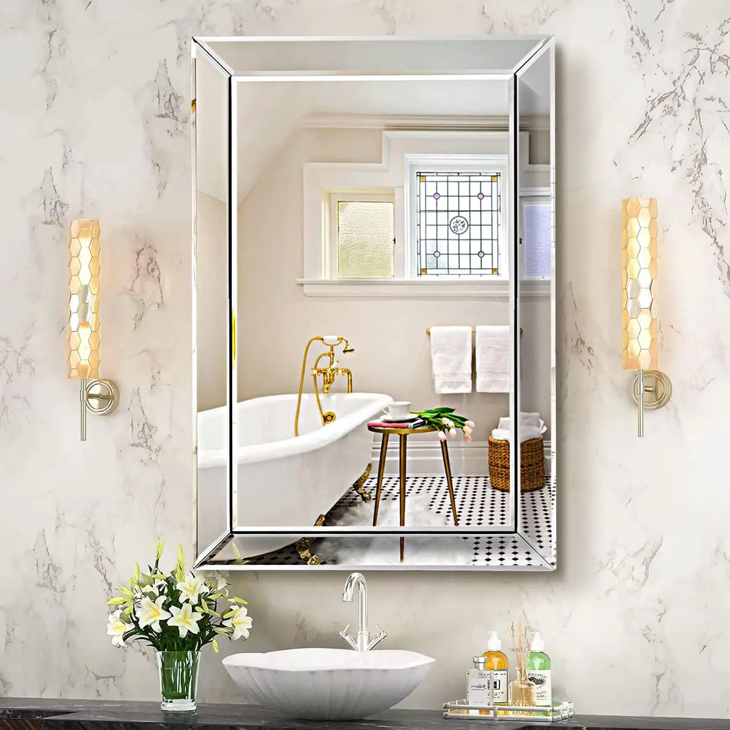 24 x 36 inches Frameless Rectangular Bathroom Mirror, Polished Beveled Edge, Wall Mount