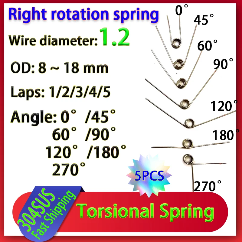 

5Pcs Wire Diameter 1.2 Right Rotation Torsion Spring 304 Stainless Steel Torsion Spring Number of Turns 1/2/3/4/5 Turns