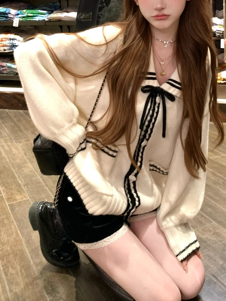 اليابانية Kawaii المتضخم التعادل طوق سترة المرأة الحلو محبوك الصوف سترة فضفاضة نمط Preppy جيوب الموضة معطف غير رسمي