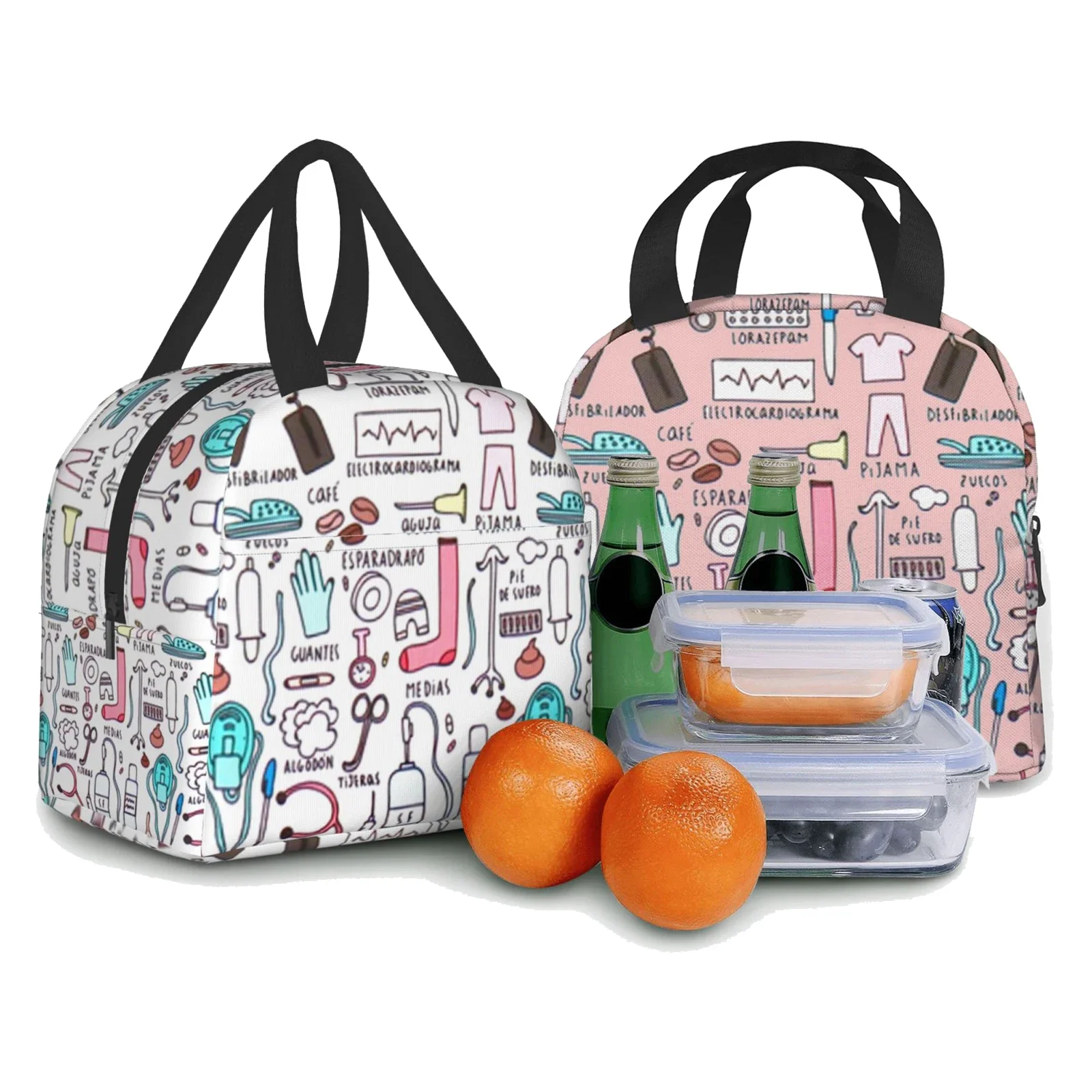 Kawaii Doctors Nurse Print Insulated Lunch Bags for Women Small Portable Lunch Box Totes Food Thermal Bags Bento Pouch Lunch Bag