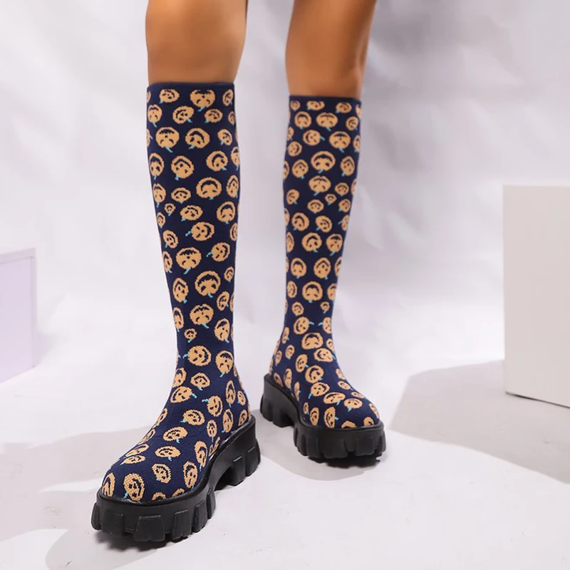 Sexy Thick Bottom Knit Socks Boots Women 2025 Autumn Chunky Platform Knee High Boots Halloween Pumpkin Woman\'s Long Booties 43