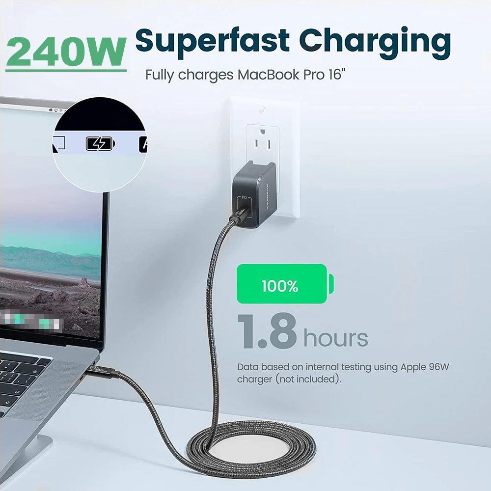 USB C to USB C Cable 20Gbps 240W Cable 4K@60Hz Video Monitor PD240W 100W QC4.0 Fast Charger USB C Gen2 Cable 20Gbps for MacBook