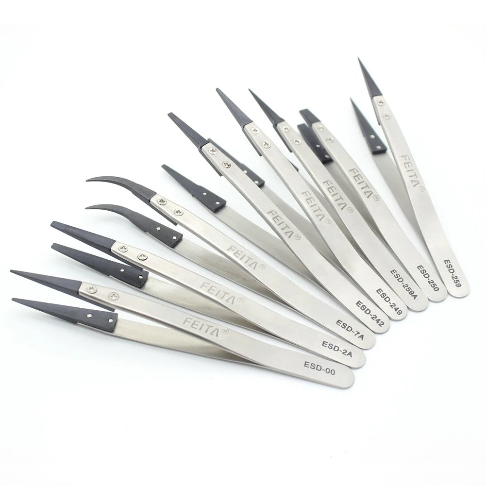 FEITA Anti Static ESD Tweezers Replaceable Tips Stainless Steel Body Carbon Fiber Conductive Plastic Head Tweezer for Electronic