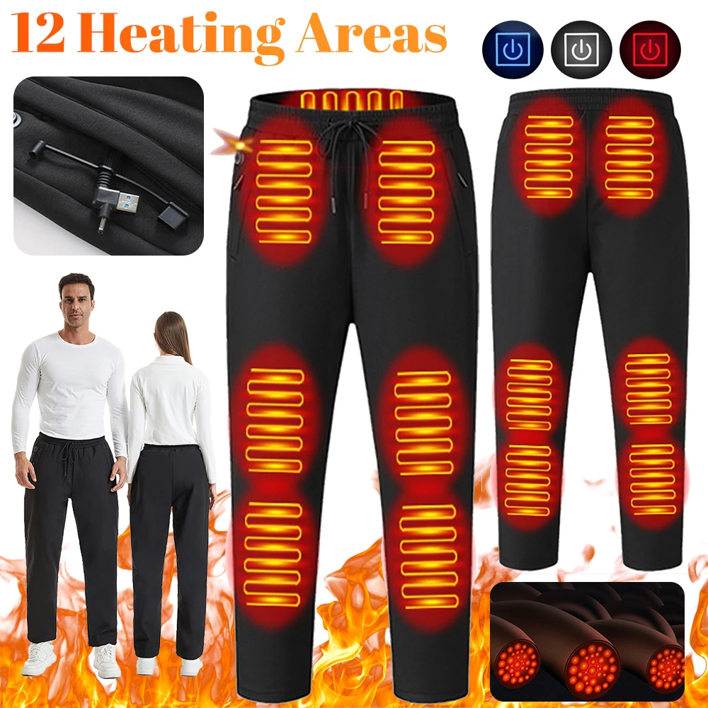 Winter Heated Pants Men Women Thickened Heating Trouser 12 Heating Areas Electric Thermal Pants for Skiing Hunting Fishing