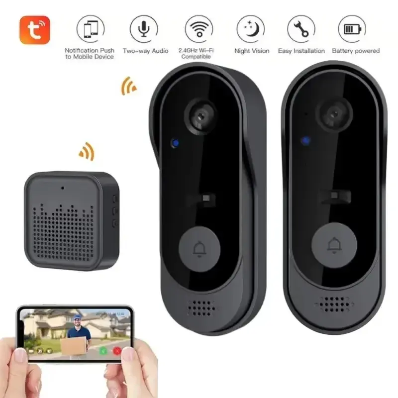 جرس باب Tuya بكاميرا WIFI وإنتركوم فيديو عالي الدقة، خارجي لاسلكي مقاوم للماء، حماية أمنية برؤية ليلية بالأشعة تحت الحمراء للمنزل الذكي - 6