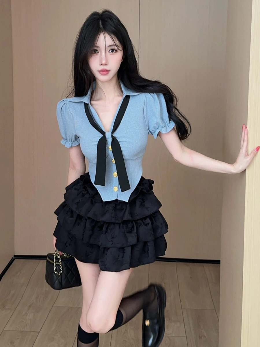 

Fashionable Pure Desire Short Shirt High Waist Cake Skirt Two-Piece Set Stylish Student Uniform for Young Women Summer Wear