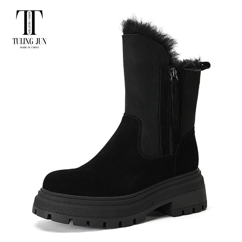 

TULING JUN 2023 New Autumn Winter Sheepskin Wool One-piece Snow Women's Boots Rounded Toe High Heel Keep Warm Shoes For Women L